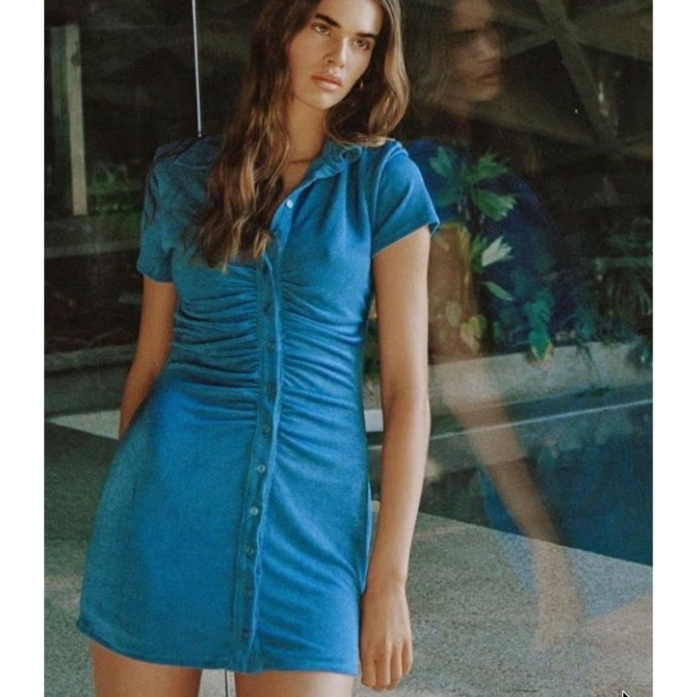 With Jean Blue Ruched Button Front Mini Dress Short Sleeve Collared Size M